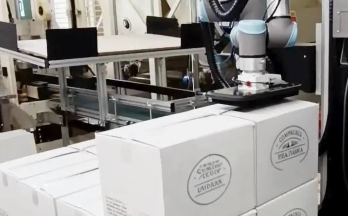 Cella di pallettizzazione collaborativa con cobot a fine linea